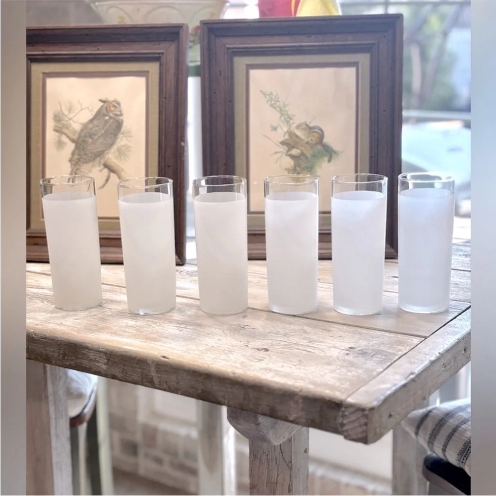 6 Libbey Frosted White Tom Collins Glasses. Vintage EUC Retro MCM